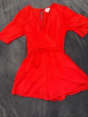 Red V-Neck Short Sleeve Romper with Tie Waist